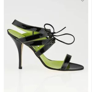 Manolo Blahnik Black and Green Heels with Stiletto and Strappy Design
